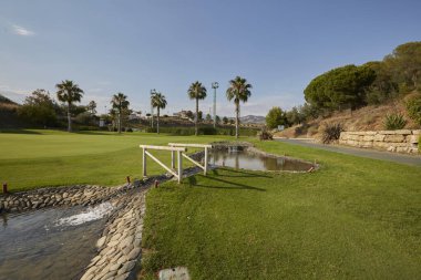 Mavi gökyüzü olan güzel bir manzara ve çimlerin üzerinde köprüsü ve gölü olan golf kulübünde güzel bir yeşil.