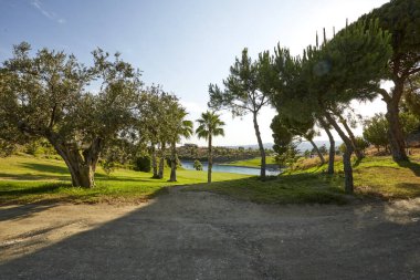 Mavi gökyüzü ve ağaçlı ve bulutlu golf kulübünde güzel yeşil bir manzara.