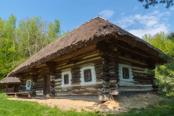 Ukrán ősi fa parasztház nádtetővel az ősökben — Stock Fotó
