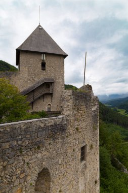 Antik Gallenstein Kalesi 'ni harap etti. Alpler' in arka planındaki taş kale. Sankt Gallen Belediyesi, Styria, Avusturya. Turistik yerler, seyahat yerleri.