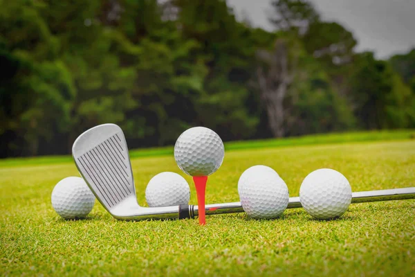 Golfbälle Und Golfschläger Auf Grünem Rasen — Stockfoto