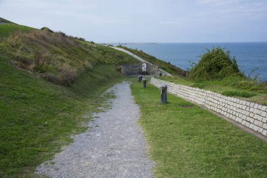 Bir park yeşil çimen, deniz ve güneş ışığı ile fotoğraf