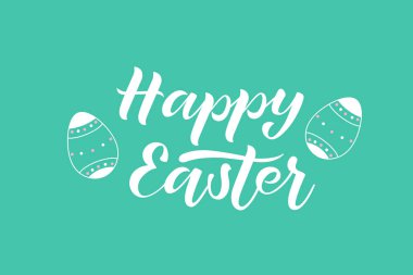 Vektör harfleri. Mutlu Paskalyalar. Turkuaz arka planda yumurtalı el yazısıyla modern fırça yazısı. Yazılı metin ögesi 