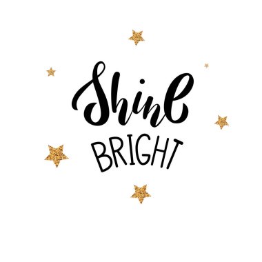 Vektör harfleri parlıyor. Beyaz arkaplanda el yazısıyla yazılmış bir yazı. Siyah yazıtlı ve parıltılı altın yıldızlı metin ögesi