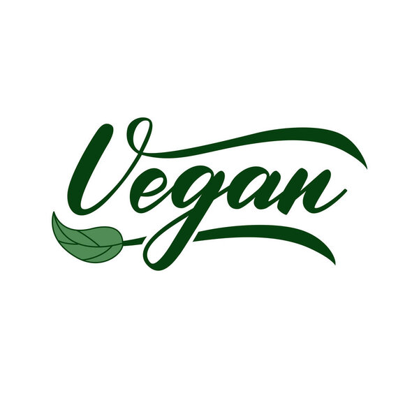 Ручной набросок с надписью Веган. Зеленый векторный логотип с листом. Современный стиль кисти
 