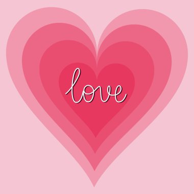 Sevgi. Pembe arka planda, kalplerle birlikte el yazısıyla yazılmış bir yazı. Beyaz yazıtlı vektör metin ögesi