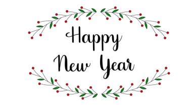 El yazısıyla Mutlu Yıllar tabiri. Modern fırça kaligrafi stili. Çiçekli ökse otu elementleriyle beyaz arkaplanda izole edilmiş siyah vektör metni