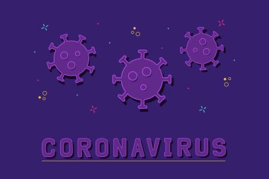 Coronavirus. Sarı ve mavi soyut elementlerle mor zemin üzerinde virüs simgeleri olan basit bir el yazısı. Asgari biçim