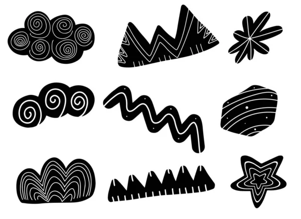 Zestaw abstrakcyjnych elementów w stylu skandynawskim. Czarno-biały klipart prostych obiektów odizolowanych na białym tle. Minimalistyczny sposób — Wektor stockowy