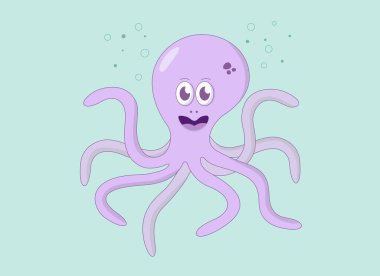 Su kabarcıklı komik mor ahtapot. Vektör çizimi. Turkuaz arkaplan