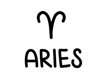 Koç burcu. El yazısıyla yazılmış bir isim ve burcun simgesi. Modern işaret. Siyah vektör metni beyaz arkaplanda izole edildi. Asgari biçim