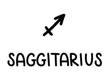 Yay burcu. El yazısıyla yazılmış bir isim ve burcun simgesi. Modern işaret. Siyah vektör metni beyaz arkaplanda izole edildi. Asgari biçim