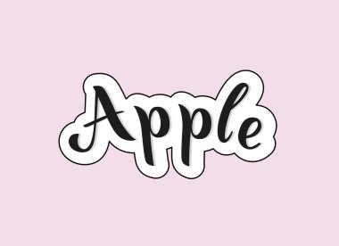 Elma. Pembe arka planda beyaz ve siyah vuruşlu el yazısıyla yazılmış yazı. Meyve adı. Harf illüstrasyonu