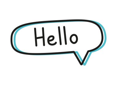 Hoş geldiniz. El yazısıyla yazılmış resimli harfler. Mavi neon konuşma balonunda siyah vektör metin. Basit özet biçimi