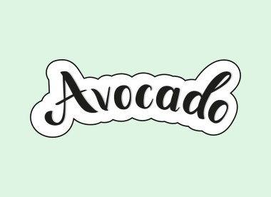 Avokado. Yeşil arka planda beyaz ve siyah çizgili el yazısı metin. Meyve adı. Harf illüstrasyonu