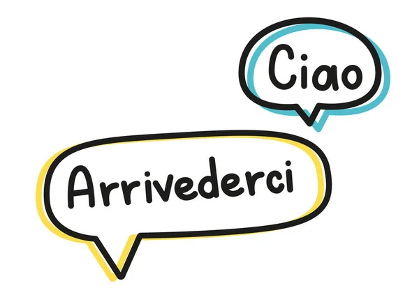 Ciao arrivederci 。手写字母图解。蓝色和黄色霓虹灯语音气泡中的黑色矢量文字。简单的纲要风格 — 图库矢量图片