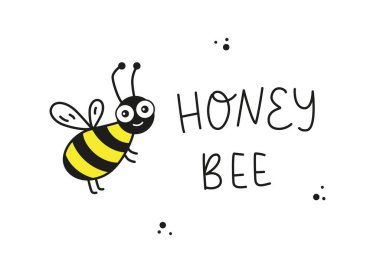 Bal arısı. El çizimi resimli harfler. Düz karalama stili. Büyük gözlü komik arı ve siyah vektör el yazısı metin elementi