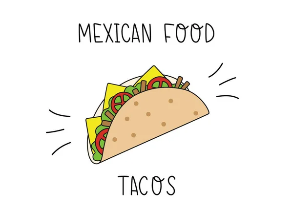 Mexické tacos. Ručně kreslené ploché ilustrace. Ručně psaný černý vektorový text na bílém pozadí. Styl kresby — Stockový vektor