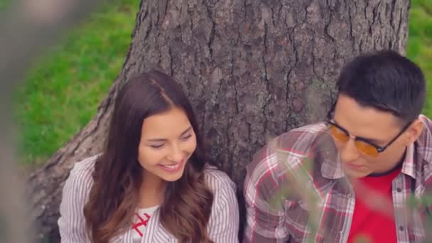 Un par de amigos que se sientan en el árbol — Vídeo de stock