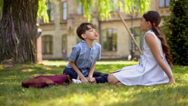 Broder och syster leker i parken nära skolan — Stockvideo