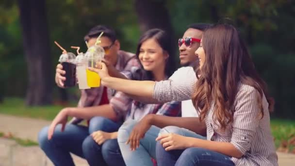 Des amis au parc avec des jus de fruits frais concept — Video