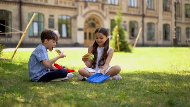 8歳の男の子と女の子が公園や学校の庭に座って 箱からサンドイッチを取って食べ始めています 学校での昼食時に男の子と女の子 — ストック動画