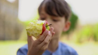 Mavi gömlekli bir çocuk sokakta çimlere oturur ve bir elma yer ve açık hava dersi alırken ona bakar. Çocuğun elindeki elmaya odaklan sen. Aile kavramı. Ev eğitimi kavramı