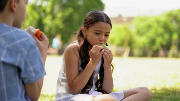 女の子と男の子は学校のキャンパスに座って屋外で新鮮な健康的なサンドイッチを食べる 子供のための健康的な食べ物 新鮮な塩と野菜とグルテンフリーパン — ストック動画