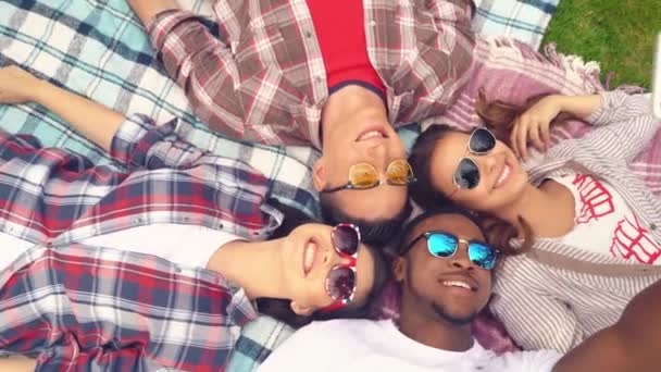 Fare selfie con gli amici sdraiati su un plaid in un parco — Video Stock