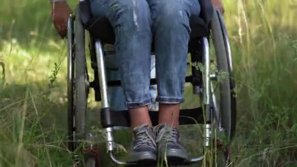 Mujer en silla de ruedas moviéndose a través de un prado cubierto de vegetación . — Vídeos de Stock