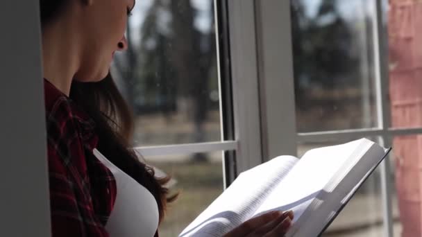 Dívka s knihou v ruce sedí na okně a čte si ji při přípravě na zkoušky nebo na vzdělání. Děvče studuje Bibli. Studentský koncept. Prores 422 — Stock video