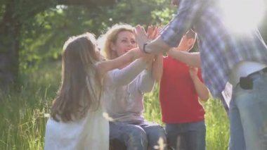 Mutlu bir aile, tekerlekli sandalyede bir anne ve doğada çocuklar göğüs göğüse tezahürat yapıyor. Aile kavramı. Prores 422