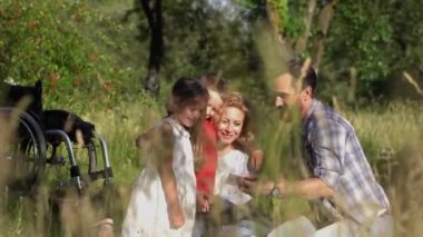 Engelli bir üyeyle parkta ya da şehir bahçesinde aile pikniği. Çocuklu mutlu bir aile, kız ve erkek birlikte vakit geçiriyorlar. Sağlıklı bir yaşam tarzı. Aile kavramı. Aile bir arada. Prores 422