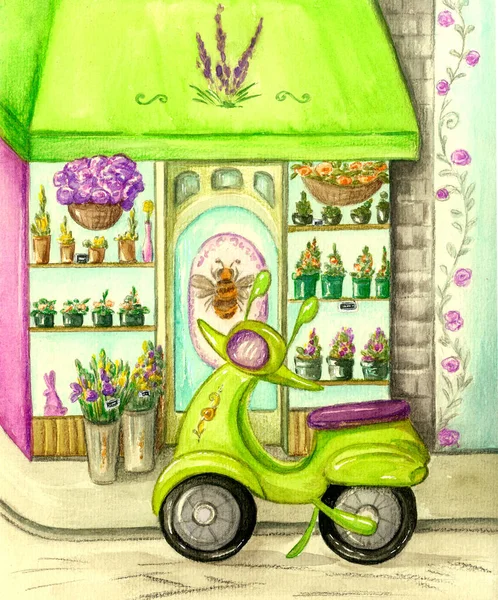 Ein Grünes Motorrad Steht Schaufenster Eines Blumenladens Aquarellillustration — Stockfoto