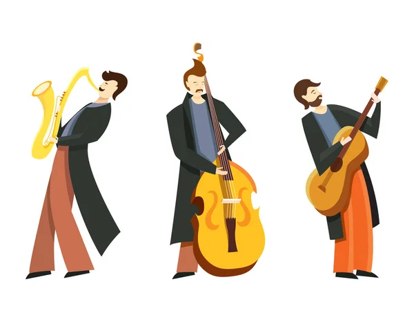 Conjunto Vectorial Músicos Jazz Doble Bajista Saxofonista Guitarrista Estilo Plano — Archivo Imágenes Vectoriales