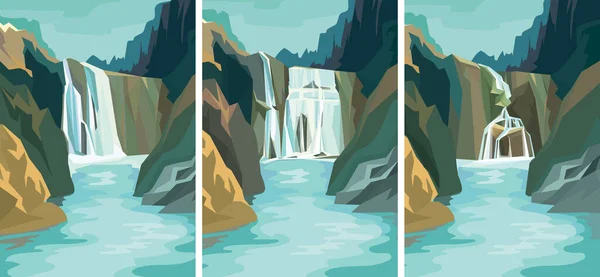 Uppsättning vackra vattenfall landskap. — Stock vektor