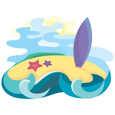 Okyanusta sörf tahtası olan tropik bir ada.