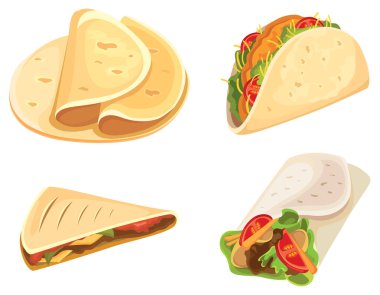 Meksika yemeği seti. Taco, burrito, tortilla, quesadilla. Çizgi film tarzında.