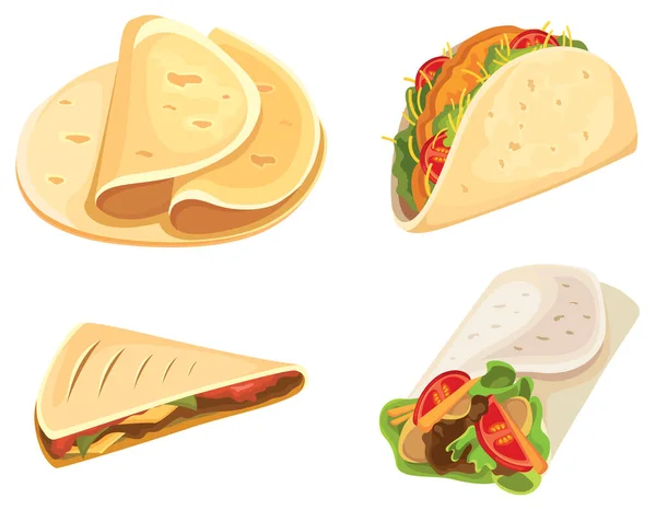 Meksika yemeği seti. Taco, burrito, tortilla, quesadilla. Çizgi film tarzında.