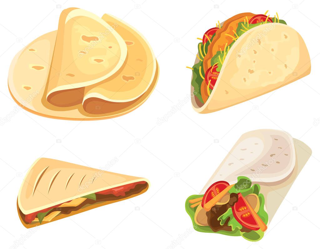 Set of mexican food. Tacos, burrito, tortilla, quesadilla in cartoon style