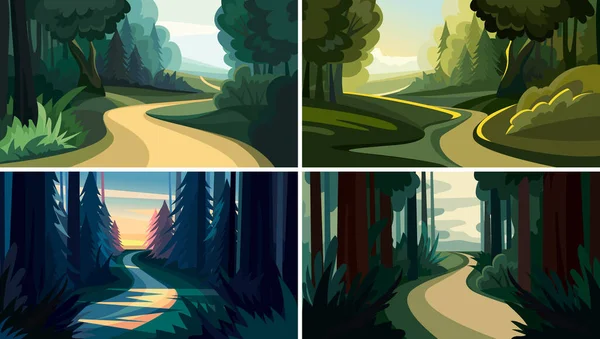 Eine Reihe Wunderschöner Waldlandschaften Naturlandschaften Cartoon Stil — Stockvektor