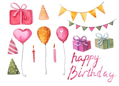  Doğum günü balonları, hediyeler, mum harfleri, suluboya, beyaz arka plan.