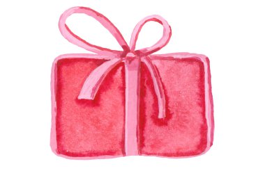 Kırmızı hediye kutusu. Beyaz arkaplanda büyük bir fiyonk ve suluboya resmi var.