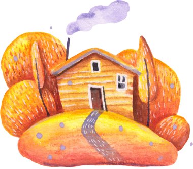 suluboya ev sarı ev. Beyaz arka planda doğa ağaçları.