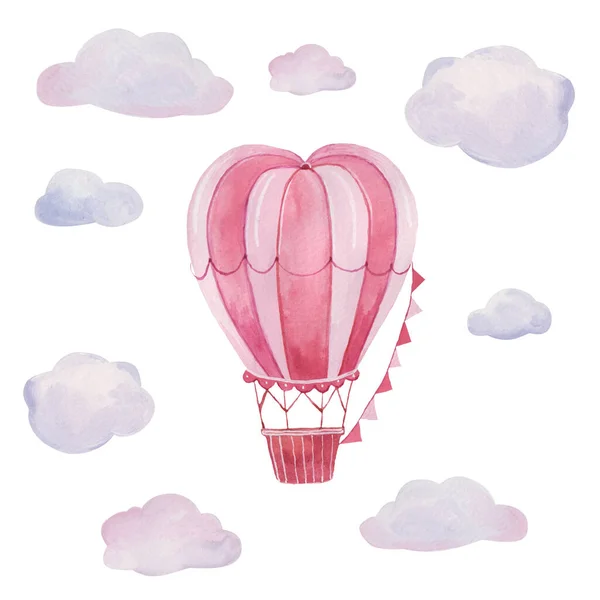 Illustration Aquarelle Dessinée Main Ballon Rouge Dans Ciel Ballons Nuages — Photo