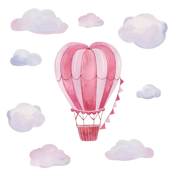Hand drawn watercolor illustration -red balloon in the sky. vintage balloons and clouds baby design, decoration, greeting cards, posters, invitations, advertisement, textile