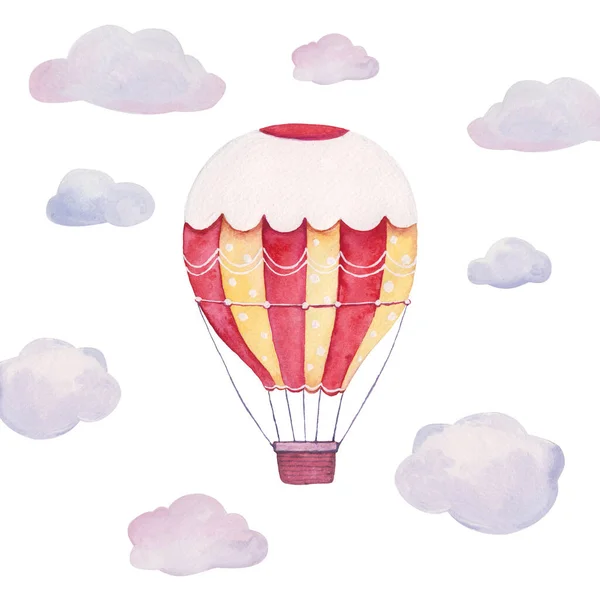 Illustration Aquarelle Dessinée Main Ballon Rayures Rouges Jaunes Dans Ciel — Photo