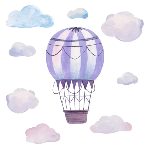 Hand drawn watercolor illustration - balloon in the sky. vintage balloons and clouds baby design, decoration, greeting cards, posters, invitations, advertisement, textile