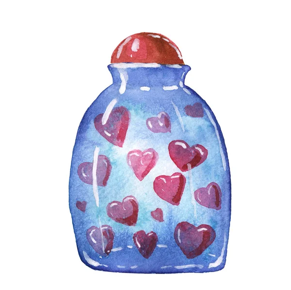Βάζο Καρδιές Φελλό Μπλε Stel Μπουκάλι Ακουαρέλα Εικονογράφηση Λευκό Φόντο — Φωτογραφία Αρχείου