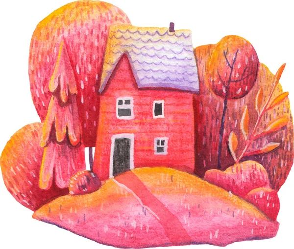 Watercolor House Red House Nature Trees White Background — Stock Photo, Image